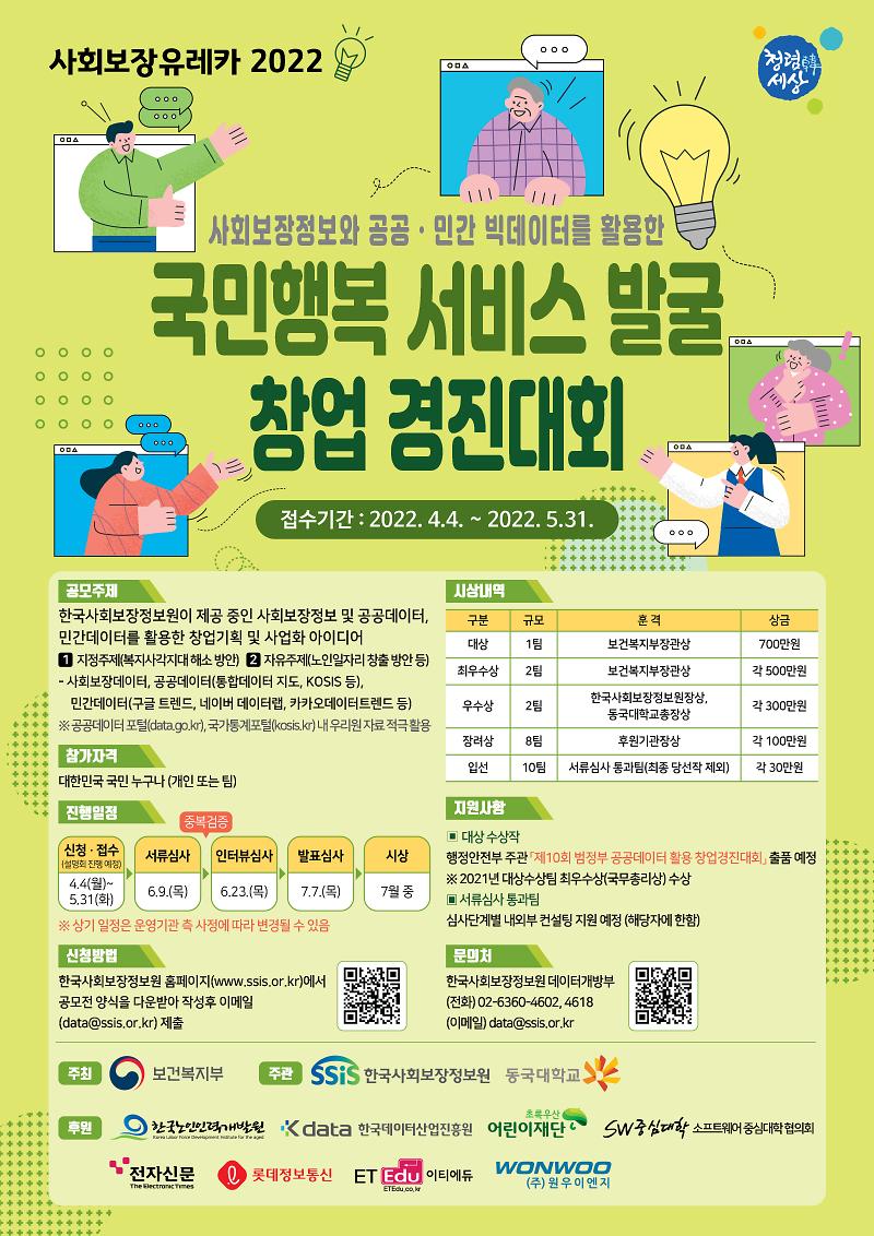 [사회보장유레카_2022]_창업경진대회_공모전_포스터_1부.jpg 이미지